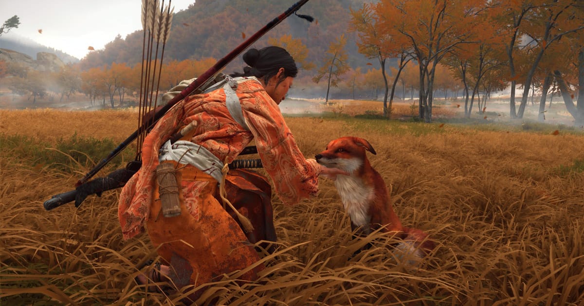 Ghost of Yotei Review - Atsu petting a fox