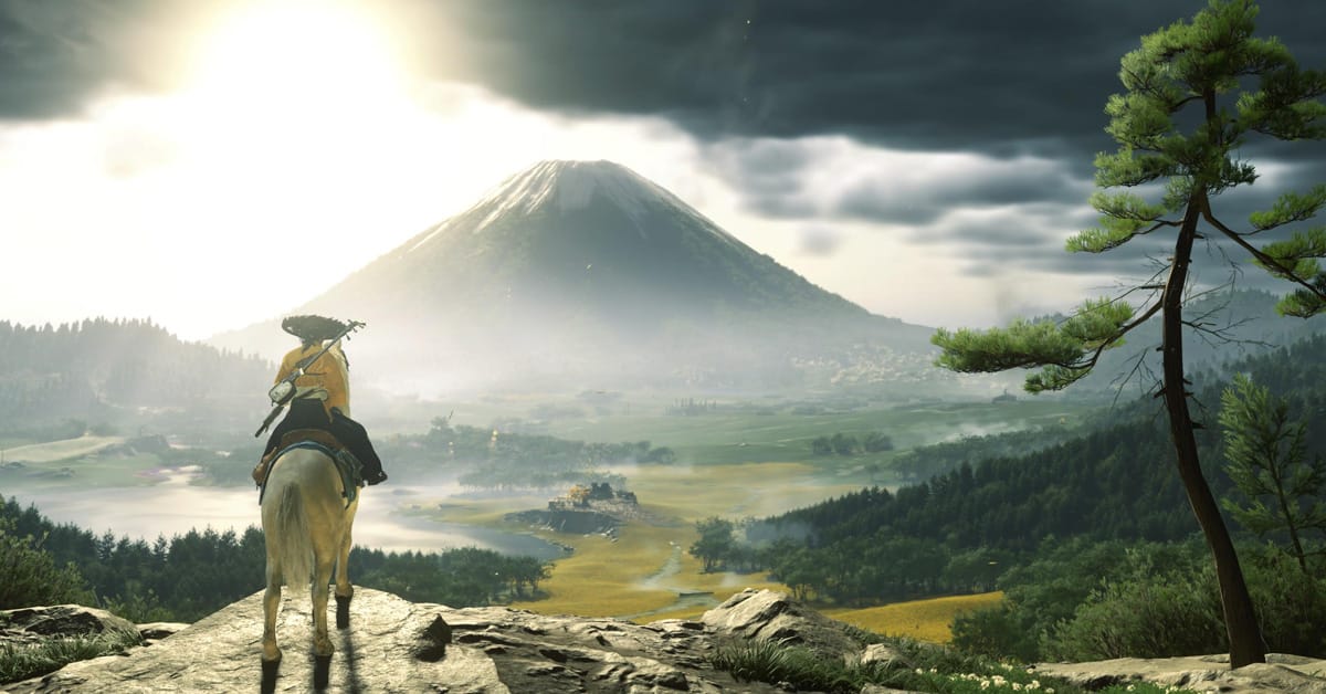 Ghost of Yotei Review - Atsu on her horse, looking at Mount Yotei