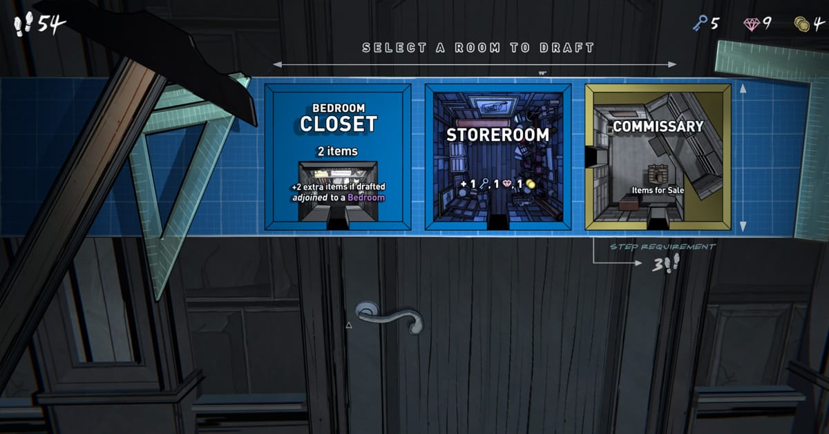 The Game That Got Away: Blue Price - screen showing 3 different room options to choose from