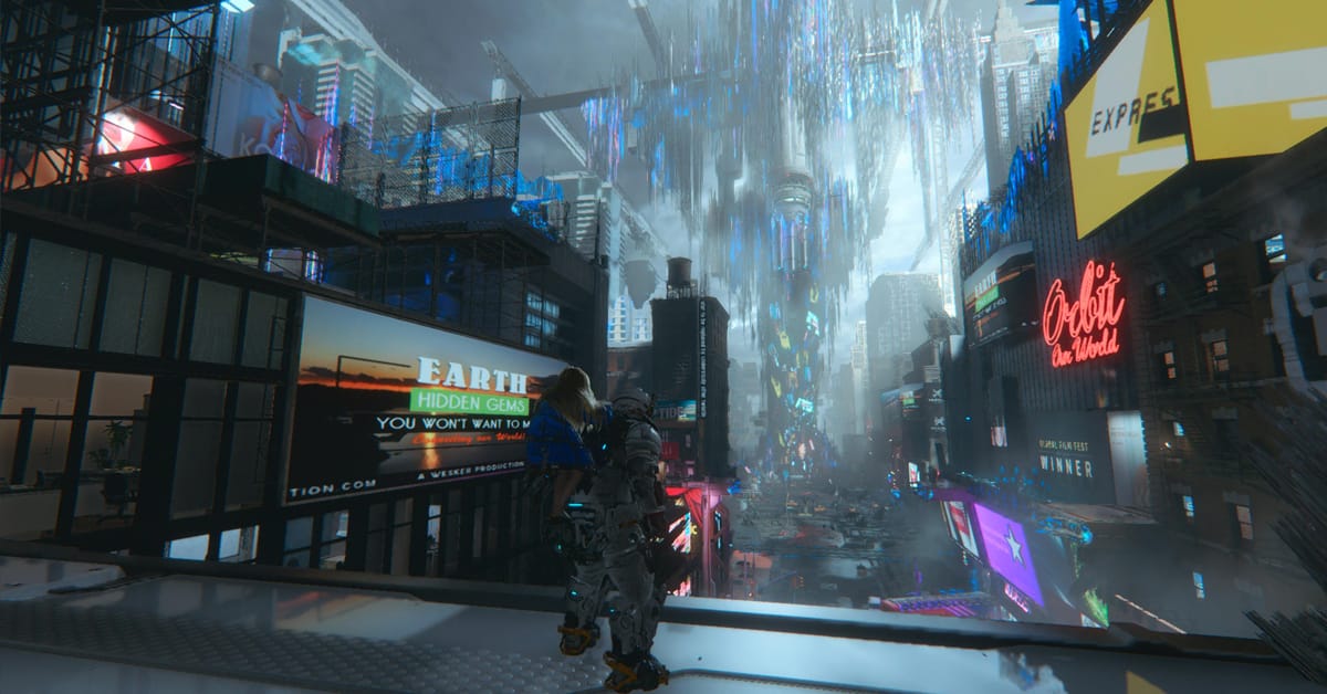 Pragmata Review - Hugh and Diana standing in front of a view that resembles New York